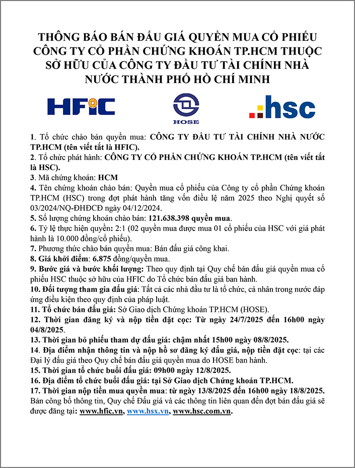 THÔNG BÁO BÁN ĐẤU GIÁ QUYỀN MUA CỔ PHIẾU CÔNG TY CỔ PHẦN CHỨNG KHOÁN TP.HCM THUỘC SỞ HỮU CỦA CÔNG TY ĐẦU TƯ TÀI CHÍNH NHÀ NƯỚC THÀNH PHỐ HỒ CHÍ MINH